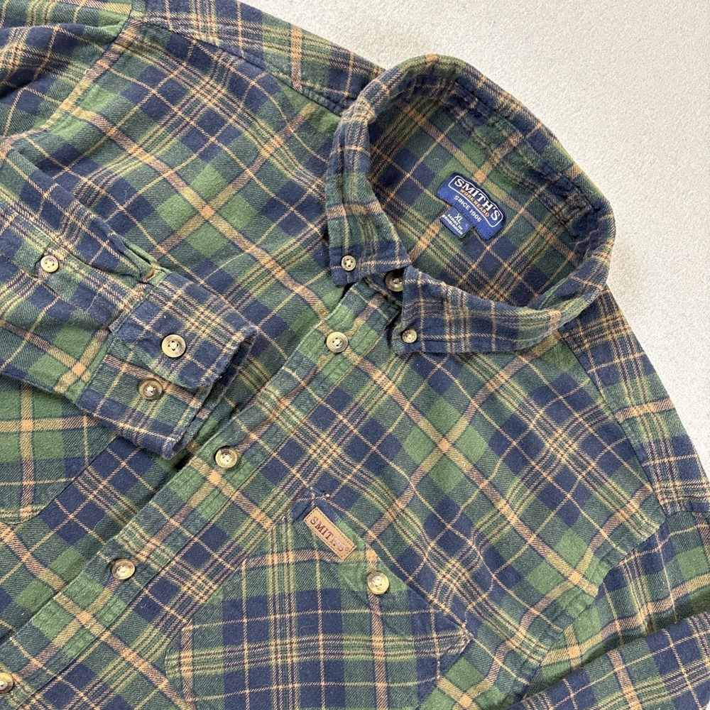 Mens‎ Vintage Smiths Workwear Thick Flannel Shirt Large Plaid Green Blue Yellow